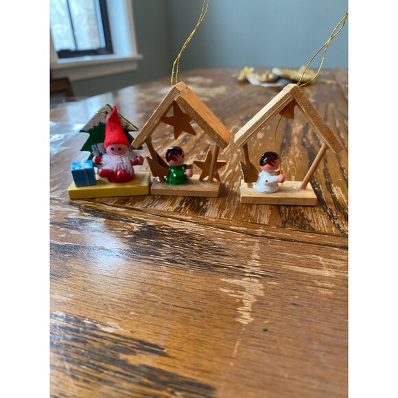 Vintage Wooden Christmas Ornaments Set Of 3 With Angel Figures & Santa On Base - Picture 5 of 6
